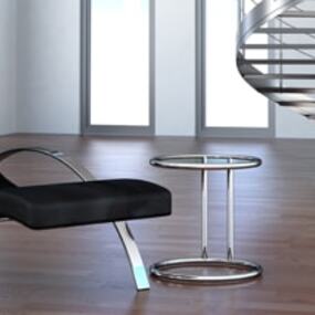 Moderne Wohnzimmer-Einrichtung mit Designer-Liege, Beistelltisch und Holzfußboden.