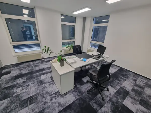 Modernes Büro mit Schreibtisch, PC-Monitor, Telefon und Pflanze am Fenster