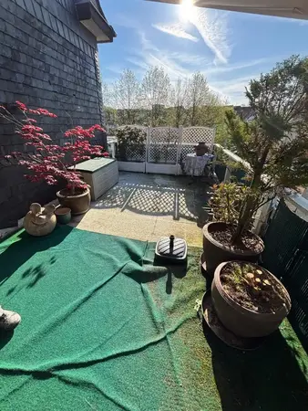 Sonnige Dachterrasse mit Pflanzenkübeln, Sichtschutz und Gartenmöbeln