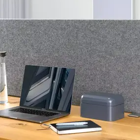 Moderner Schreibtisch mit Laptop, Pflanze, Akustik-Trennwand und Wasserkaraffe im Büro.